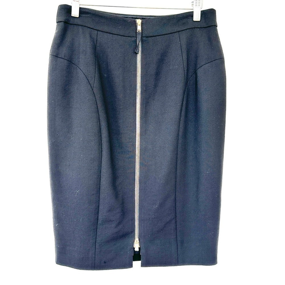 Pencil skirt with  exposed gold zipper at centre back, wool, lined, midi length